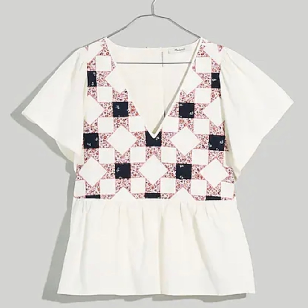 Madewell Flutter Sleeve Peplum Top in Patchwork Quilt NWT